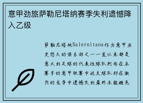 意甲劲旅萨勒尼塔纳赛季失利遗憾降入乙级